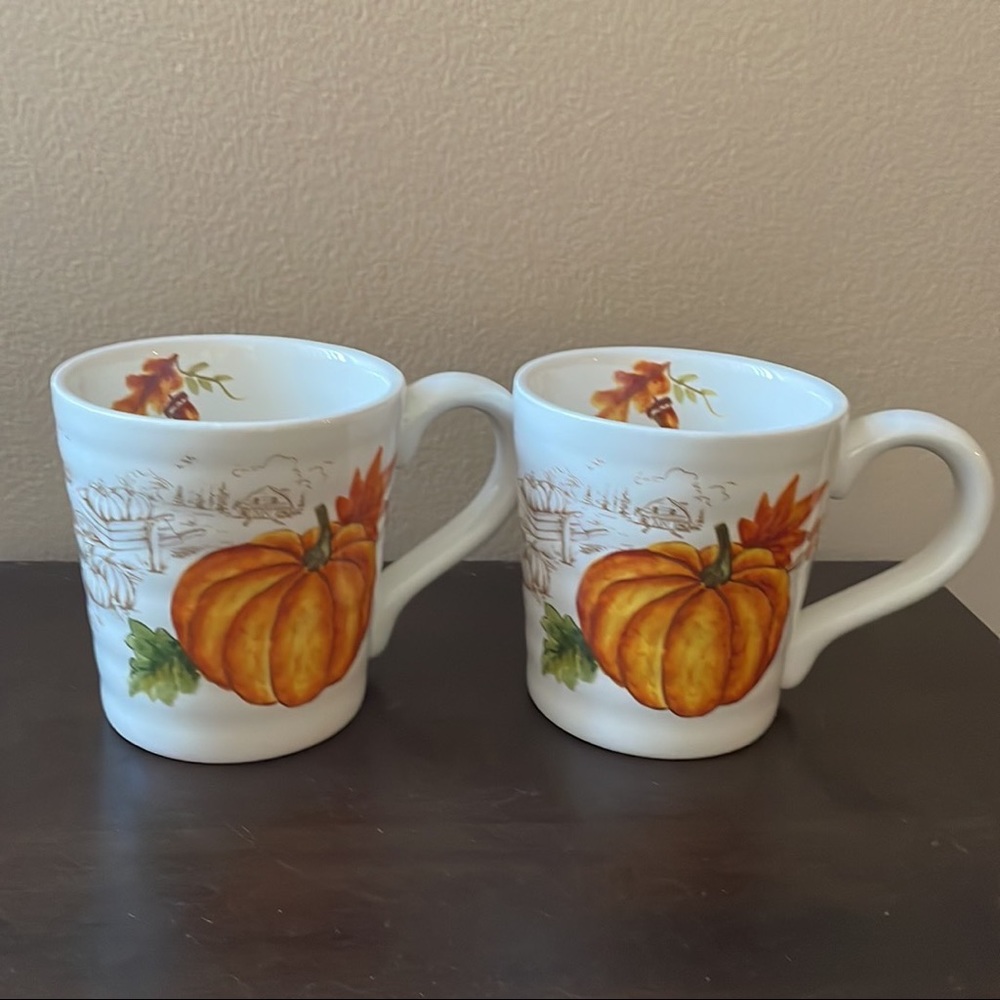 2 Pumpkin Fall Coffee Mug Cup New Thanksgiving Leaves Large Cup